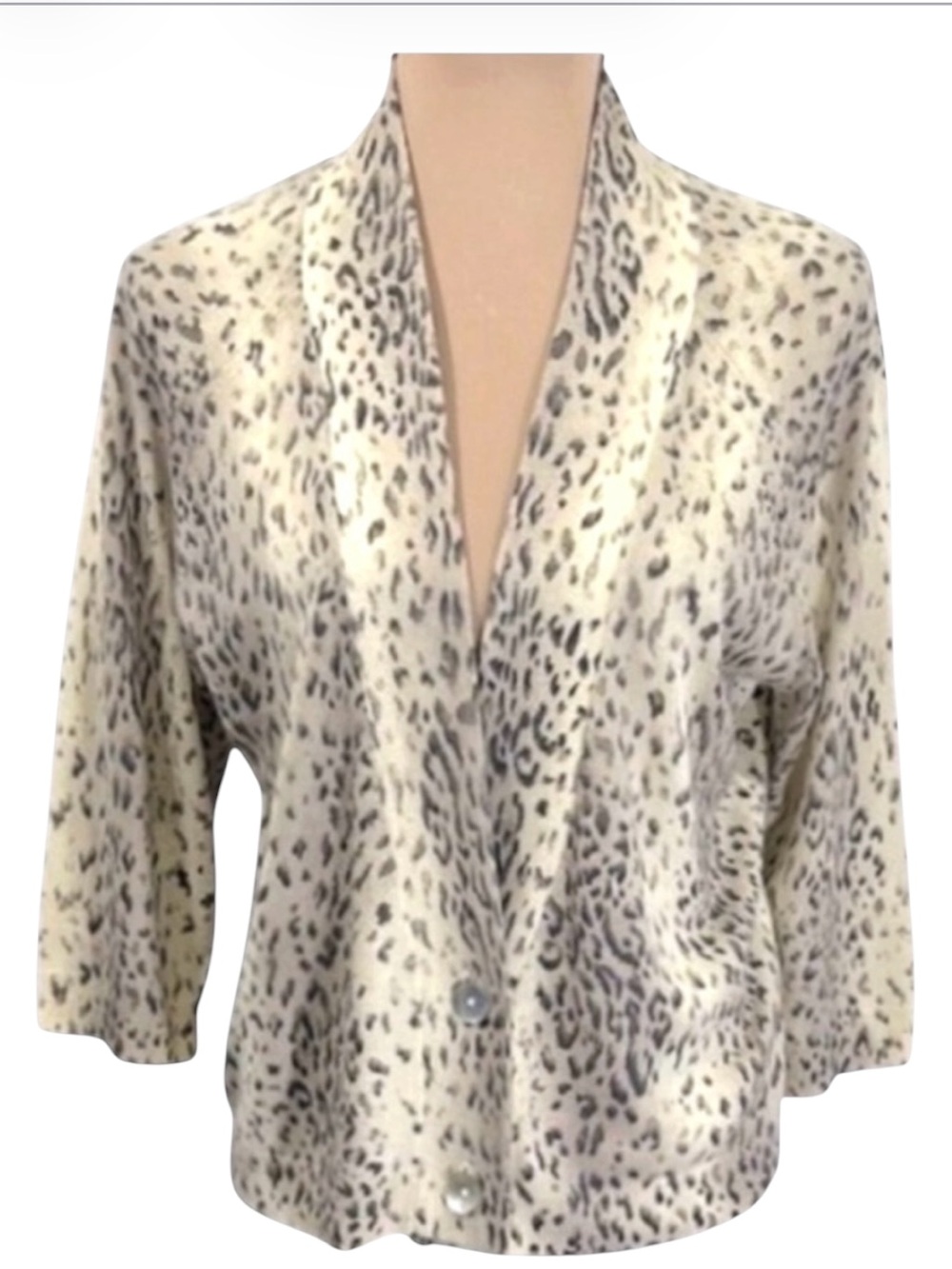 VTG Chico's Leopard Print Slouchy Cardigan Button-Front Gray Cream Size L